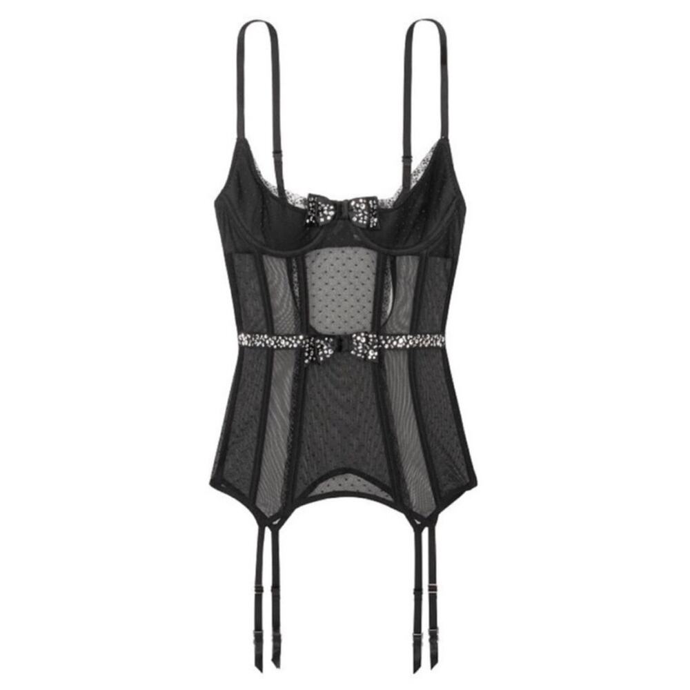 Victoria’s Secret Quarter Cup Black Mesh Rhinestone Bow Merry Widow Corset S